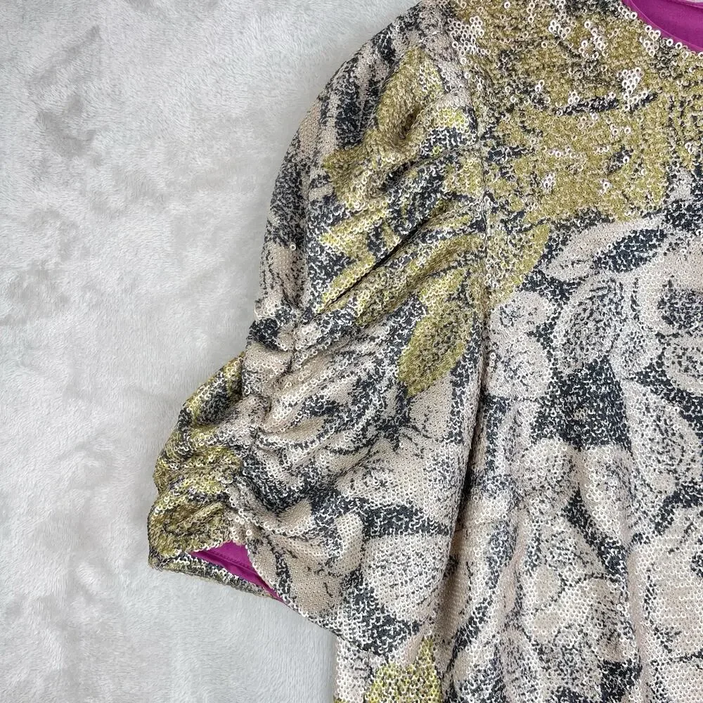 Anthropologie Marie Floral Sequin Top Pink Size 2 Puff Slve Night Luxe Coquette